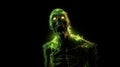 Cinematic green radiated zombie mouth open angry full shot full body green glowing eyes yelling looking to the side