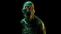 Cinematic green radiated zombie mouth open angry full shot full body green glowing eyes yelling looking to the side