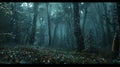 Cinematic high res foggy forest at dawn with moss covered trees and dewdrops on spider web Royalty Free Stock Photo