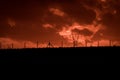 Scary sunset, with red sky and clouds, after storm. Power pylons and industrial fences in devastated landscape. B Evil environment Royalty Free Stock Photo