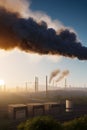 Cinematic image of air pollution in air through industrial activities at sunset, created with Generative AI technology
