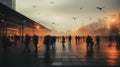 Cinematic image of blurred people walking in modern city, moody colors, evening time, dynamic movement, motion blur.