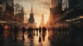 Cinematic image of blurred people walking in modern city, moody colors, evening time, dynamic movement, motion blur.