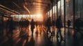 Cinematic image of blurred people walking in modern city, moody colors, evening time, dynamic movement, motion blur.