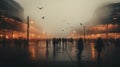 Cinematic image of blurred people walking in modern city, moody colors, evening time, dynamic movement, motion blur.