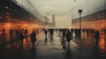 Cinematic image of blurred people walking in modern city, moody colors, evening time, dynamic movement, motion blur.