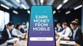 Closeup Shot of Mobile App \'Earn Money from Mobile\' on Phone Screen in a Modern Office Setting with Blurred Background Royalty Free Stock Photo