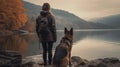 Cinematic image of a hiker girl with german shepherd dog in the beautiful nature landscape with rocks