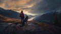 Cinematic image of a hiker girl with german shepherd dog in the beautiful nature landscape with rocks