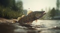 Cinematic Jumping Bass Fish in River Water. Perfect for Fishing Enthusiasts.