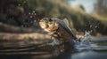 Cinematic Jumping Bass Fish in River Water. Perfect for Fishing Enthusiasts.