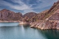 Cinematic lake surrounded by red cliffs in Provincia de Mendoza, Argentina Royalty Free Stock Photo