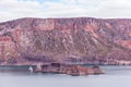 Cinematic lake surrounded by red cliffs in Provincia de Mendoza, Argentina Royalty Free Stock Photo