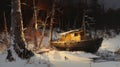 Cinematic Lighting: Snowy Log Boat Painting With Eastern Brushwork Royalty Free Stock Photo