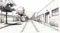 Cinematic Line Drawing Of Distressed Commercial Corridor In Topiary Park