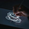 Cinematic photograph captures a human hand sketching a complex, flowing geometric shape using a bright stylus on a digital tablet Royalty Free Stock Photo