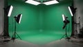 Cinematic medium shot focusing on corner green screen setup with precise lighting highlighting sharp subject details for Royalty Free Stock Photo