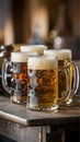A cinematic medium shot photo of three beer mugs on a rustic table