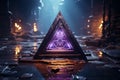 Cinematic mystical emblem Cyan Valknut extrudes from flat purple environment