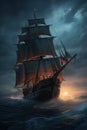 Cinematic ocean vessel ship. Nautical vintage galleon pirate ship. Antique boat on stormy seas. Royalty Free Stock Photo