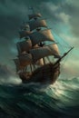 Cinematic ocean vessel ship. Nautical vintage galleon pirate ship. Antique boat on stormy seas. Royalty Free Stock Photo