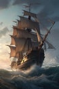 Cinematic ocean vessel ship. Nautical vintage galleon pirate ship. Antique boat on stormy seas. Royalty Free Stock Photo