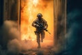 cinematic photo of commando move away from fire generative AI