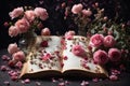 A cinematic photo of image of magical open book with flowers. ai generative