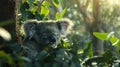 Cinematic photorealism fluffy koala nestled in eucalyptus tree, capturing its undeniable cuteness