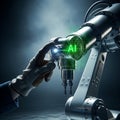 A photorealistic close-up shows a worker\'s rugged hand calibrating an industrial robotic arm sensor, highlighted by green binary Royalty Free Stock Photo