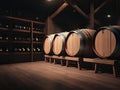 A Cinematic Portrait of Wine Barrels in a Darkly Room. Royalty Free Stock Photo