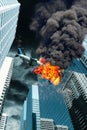 Cinematic Portrayal of Airplane Crashing Onto City Building Royalty Free Stock Photo