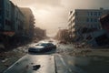 A cinematic portrayal of a city destroyed by Tsunami waves in a disaster, with flooded streets, cars carried by waves Royalty Free Stock Photo