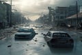 A cinematic portrayal of a city destroyed by Tsunami waves in a disaster, with flooded streets, cars carried by waves