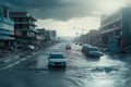 A cinematic portrayal of a city destroyed by Tsunami waves in a disaster, with flooded streets, cars carried by waves Royalty Free Stock Photo