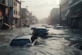 A cinematic portrayal of a city destroyed by Tsunami waves in a disaster, with flooded streets, cars carried by waves