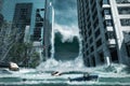 Cinematic portrayal of a city destroyed by Tsunami waves in a disaster. Matte painting technique. Royalty Free Stock Photo