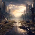 Cinematic Portrayal of Destroyed City With Copy Space. Generative AI Royalty Free Stock Photo