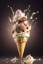 Cinematic representation of a melting ice cream scoop with waffle cone, bottom glass and mirror effect. Generative AI