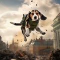 eagle dog leaping over ruble in destroyed city. Generative ai