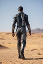 handsome young black haired man wearing futuristic uniform on a alien desert landscape.