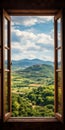 Breathtaking Window View In Tuscany: Borgo Pignano Mountain Landscape