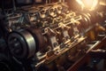 Cinematic shot of a car engine assembly in warm light, showcasing the complexity and precision of the process Royalty Free Stock Photo