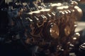 Cinematic shot of a car engine assembly in warm light, showcasing the complexity and precision of the process Royalty Free Stock Photo