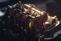 Cinematic shot of a car engine assembly in warm light, showcasing the complexity and precision of the process Royalty Free Stock Photo