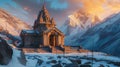 cinematic shot of kedarnath shiva temple with snow mountains