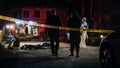 Cinematic Shot: Lieutenant Arriving At a Crime Scene, Crossing the Yellow Tape, Listening to