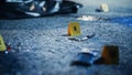 Cinematic Shot: Murder Weapon Left at the Crime Scene. Forensics Marking And Numbering Evidence with Royalty Free Stock Photo