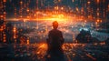 Cinematic shot of a person sitting in front of a computer surrounded by glowing numbers, with a data stream coming from Royalty Free Stock Photo