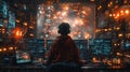 Cinematic shot of a person sitting in front of a computer surrounded by glowing numbers, with a data stream coming from Royalty Free Stock Photo